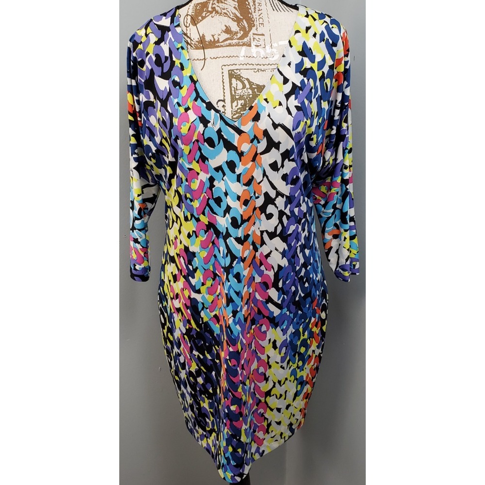 Trina Turk Dominica Dress Womens 4 Multi Abstract Geometric 3/4 Sleeve V-Neck
